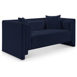 Meridian Furniture - Everett Upholstered Loveseat, Navy, Chenille Fabric - Make this Everett navy chenille fabric loveseat the center of a cozy reading nook. Handsome from every angle, this posh loveseat is plumply appointed to put supreme comfort within easy reach. Soft navy chenille upholstery fabric adds to its lavish feel while a staggered design gives it a modern edge. An included pillow gives it a beckoning vibe while the loveseat's solid wood inner frame makes it a lasting addition in any room.