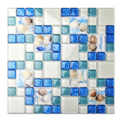 TST Glass Conch Tiles Beach Style Sea Blue Glass Tile Glass Mosaics Wall Art Kit - Mosaic Tile