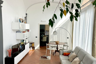 Imagen de salón cerrado y abovedado actual grande con paredes blancas, suelo de baldosas de terracota, pared multimedia y suelo rojo