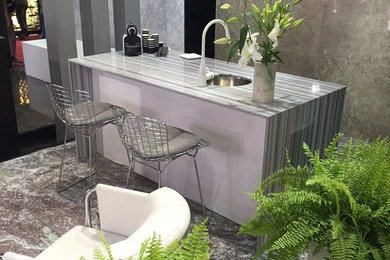 Kitchen - small marble floor kitchen idea in Other with a single-bowl sink, white cabinets and marble countertops
