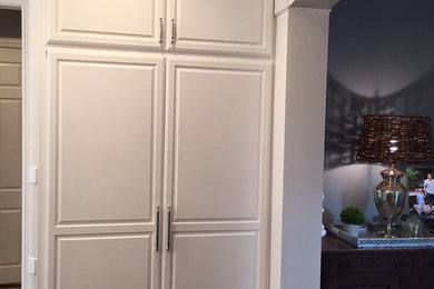 Small elegant gender-neutral dark wood floor reach-in closet photo in Dallas with raised-panel cabinets and white cabinets