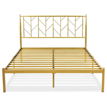 Modern Platform Bed, Metal Frame With Unique Geometric Headboard, Gold, Queen