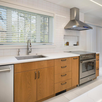 Modern Scandinavian Kitchen Remodel | Natural Wood Cabinets, White Quartz Isla