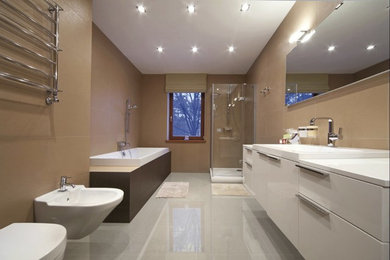 Mid-sized minimalist master gray floor bathroom photo in San Diego with flat-panel cabinets, white cabinets, a wall-mount toilet, brown walls, an integrated sink, quartz countertops and a hinged shower door