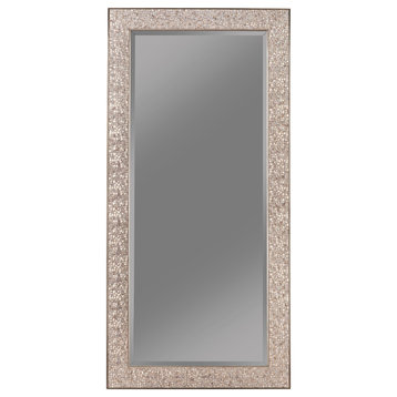 Benzara BM233237 Beveled Accent Floor Mirror With Glitter Mosaic Pattern, Silver