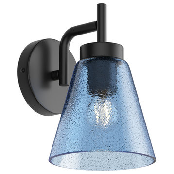 Modern Black 1-Light Wall Sconce with Blue Seeded Glass Shade