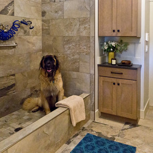 Design ideas for a classic utility room in Seattle with shaker cabinets, brown cabinets, laminate countertops, beige walls and ceramic flooring.
