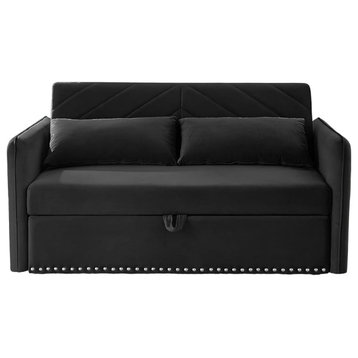 Modern Sleeper Sofa, Reclining Backrest With Geometric Tufting & USB Port, Black