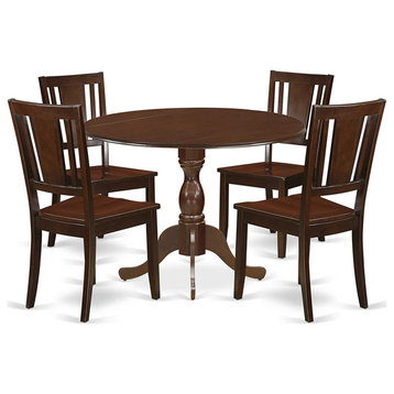 5 Pieces Dining Set, Round Table With Drop Leaves and Wooden Chairs, Mahogany