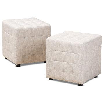 Elladio Beige Fabric Upholstered Tufted Cube Ottoman, Set of 2