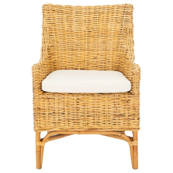 Contemporary Accent Chair, Rattan Frame and Comfortable Cushioned Seat, Natural
