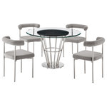 Armen Living - Veronica Shannon Round Dining Table 5-Piece Set, Brushed Steel, Gray Fabric - Bring sleek sophistication and comfort to your dining space with the Veronica Shannon 5 Piece Dining Set by Armen Living. This set includes 1 Veronica Round Glass Dining Table and 4 Shannon Upholstered Dining Chairs. With a chic and refined aesthetic, this dining set is ready to make a statement. The dining table includes a 48" glass tabletop that rests on a round walnut veneer panel for a beautiful contrast of materials. The conical base attains a sleek and airy presence with its metallic detailing. The Veronica dining table serves as a stunning centerpiece for your kitchen, dining, or living space, and its round shape creates a natural hub for inclusive conversations and activities. Our Shannon dining chairs serve as a perfect compliment to create this contemporary and modern dining set. The Shannon chair includes a cylindrical cushion and curved backrest to offer perfect back support and a generously padded seat to provide a comfortable seating experience. These chairs are covered in performance fabric to offer easy care and maintenance. This dining set can grace your kitchen, dining room, or living space to make a stunning centerpiece, while it adds a dose of sophistication and comfort from your casual to formal meals. The dining set features quality materials and craftsmanship to serve you for years to come. The Veronica Shannon 5 Piece Round Glass Dining Table Set is available in matching finishes and a variety of colors, or sold separately to achieve any look you desire.
