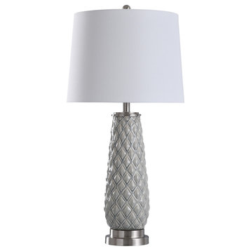 Hanson, Textured Diamond Pattern Ceramic Table Lamp, Light Gray, Brushed Steel