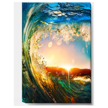 "Colored Ocean Waves Falling Down" Modern Seashore Canvas Art, 16"x32"