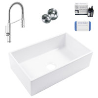 Turner White Fireclay 30" Single Bowl Farmhouse Undermount Kitchen Sink Kit