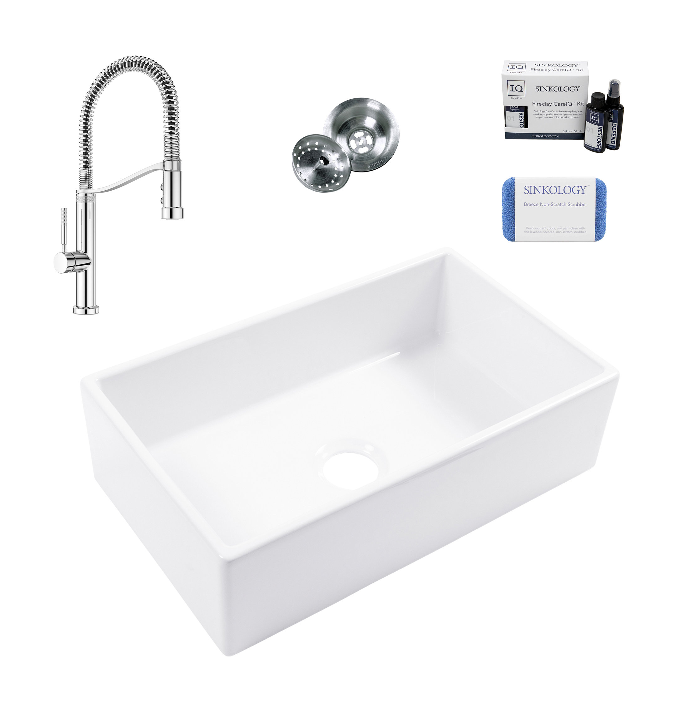 Turner White Fireclay 30" Single Bowl Farmhouse Undermount Kitchen Sink Kit