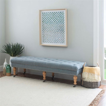 Linon Isabelle Upholstered 62" Long Bench Wood Legs in Washed Blue Linen Fabric