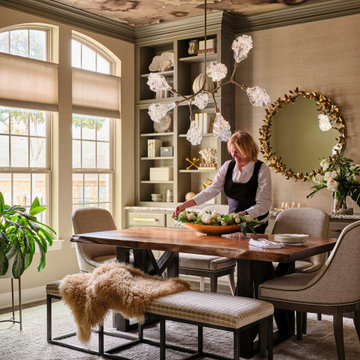 Stunning Dining Room with Wallpapered Ceiling and Painted Built-In Shelves