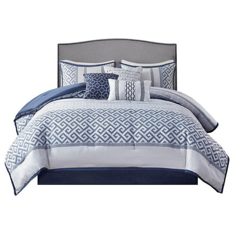 100% Polyester 7 Pieces Jacquard Comforter Set In Navy