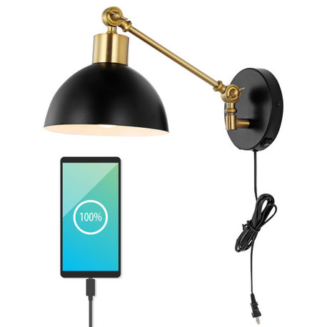 Lisa Swing Arm 1-Light Modern Midcentury Iron USB Charging Port LED Sconce, Blac