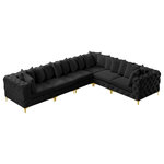 Meridian Furniture - Tremblay Modular Sectional, Black, L-Shaped, 6-Piece: Armless (3), Corner (3) - Lean back and relax on this Tremblay sectional. Featuring soft black velvet upholstery with deep button tufting, this sectional adds a bold touch to any living space. A complete set of gold and chrome legs are included, so you can change it up to suit your home decor. This sectional is modular, so you can create infinite configurations with it, which are easily attached using the latch underneath the frame. Its contemporary design is perfect for the modern home.