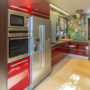 Mid-sized contemporary kitchen pantry appliance - Mid-sized trendy single-wall marble floor kitchen pantry photo in Other with a drop-in sink, flat-panel cabinets and red cabinets