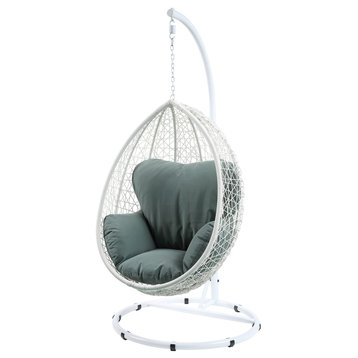 ACME Simona Patio Swing Chair with Stand, Green Fabric and White Wicker