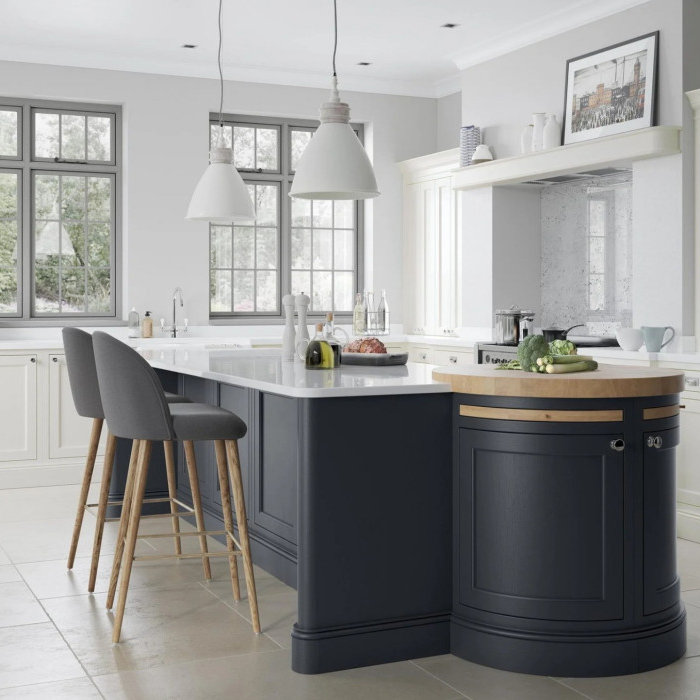 Bespoke In Frame Kitchen In Porcelain and Slate Blue. Manufactured in Leicestershire.