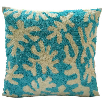 Ribbon Corals Blue Art Silk 14"x14" Pillow Cover, Aquamarine Corals