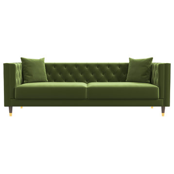 Clark Mid-Century Modern Luxury Tufted Velvet Sofa, Olive Green