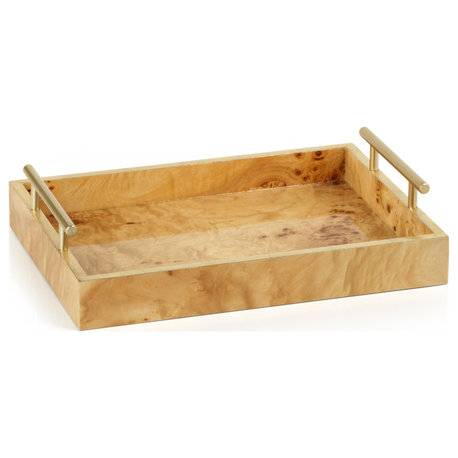 Dubbo Burl Wood Rectangular Tray with Gold Handles, 13"