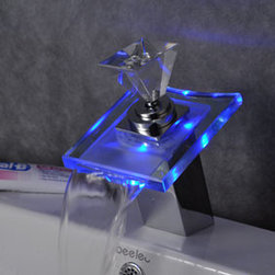 Contemporary Color Changing LED Glass Handle Waterfall Bathroom Sink Faucet - T0 - Bathroom Sink Faucets