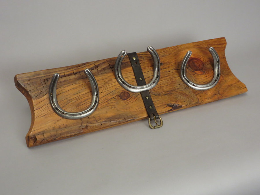 #R15066 Coat Rack Reclaimed Hemlock, horseshoes, leather.