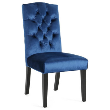Set of 2 Dining Chair, Padded Velvet Seat With Button Tufted Back, Navy Blue