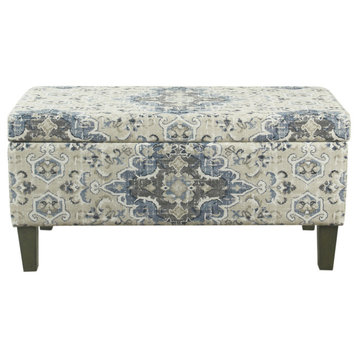 Benzara BM195785 Medallion Print Fabric Upholstered Wood Bench With Storage Blue