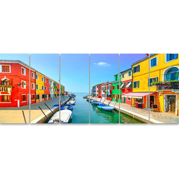 Colorful Burano Island Canal Venice, Metal Art, 70x28, 6 Panels