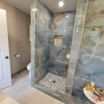 Bathroom Remodel; Huge Blue Tiles; Luxury shower and tub