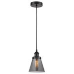 Innovations Lighting - Innovations 616-1PH-BK-G63 1-Light Mini Pendant, Matte Black - Innovations 616-1PH-BK-G63 1-Light Mini Pendant Matte Black. Collection: Edison. Style: Industrial, Farmhouse, Restoration-Vintage, Transitional. Metal Finish: Matte Black. Metal Finish (Canopy/Backplate): Matte Black. Material: Steel, Cast Brass, Glass. Dimension(in): 8(H) x 6(W) x 6(Dia). Min/Max Height (Fixture Height with Cord or Included Stems and Canopy)(in): 13/131. Wire/Cord: 10 Feet Of Black Fabric Cord. Bulb: (1)60W Medium Base,Dimmable(Not Included). Maximum Wattage Per Socket: 100. Voltage: 120. Color Temperature (Kelvin): 2200. CRI: 99. 9. Lumens: 220. Glass Shade Description: Plated Smoke Small Cone. Glass or Metal Shade Color: Plated Smoke. Shade Material: Glass. Glass Type: Colorful. Shade Shape: Cone. Shade Dimension(in): 6. 25(W) x 5. 75(H). Fitter Measurement (Glass Or Metal Shade Fitter Size): 3. 25 inch Fitter. Canopy Dimension(in): 4. 75(Dia) x 1(H). Sloped Ceiling Compatible: Yes. California Proposition 65 Warning Required: Yes. UL and ETL Certification: Damp Location.