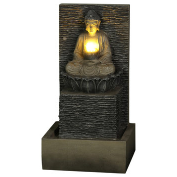 Gray Resin Meditating Buddha with Pedestal Outdoor Fountain, LED Light
