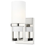 Innovations Lighting - Utopia 1 Light 8" Wall-mounted Sconce, Polished Nickel, Matte White Glass - Modern and geometric design elements give the Utopia Collection a striking presence. This gorgeous fixture features a sharply squared off frame, softened by a round glass holder that secures a cylindrical glass shade.