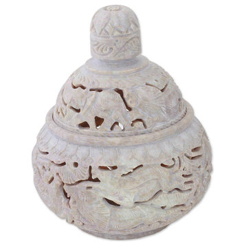 NOVICA Elephant Harmony And Soapstone Decorative Jar