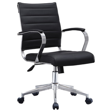 Mid Back Swivel Boss Ribbed PU Leather Office Arm Chair Modern Ergonomic, Black