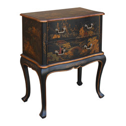 Chinese Oriental Black Gold Lacquer Scenery Graphic Credenza Side Table - Accent Chests And Cabinets