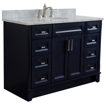 49" Single Sink Vanity, Blue Finish With White Carrara Marble And Oval Sink