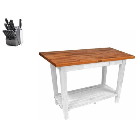 John Boos Maple Classic Country Table 36x25 and Henckels Knife Set, Alabaster, One Shelf, No Drawer, Casters