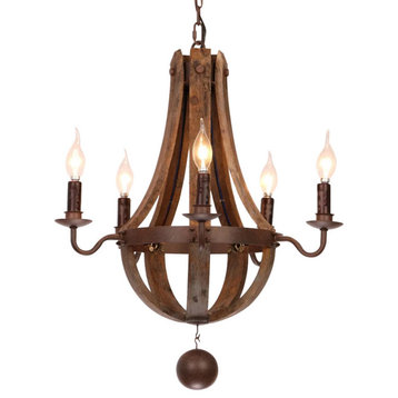Rustic Reclaimed Wood & Rust Metal 5-Light Chandelier with Candle Light, 5-Light