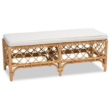 Rustic Accent Bench, Open Rattan Frame With Padded Cotton Seat, Natural/White