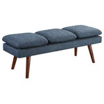 OSP Home Furnishings - Amanda 54" Mid-Century Bench, Navy Fabric - Add contemporary appeal to your entry, dining room or guest room with our versatile 54" Mid-Century Modern upholstered bench. Perfect for adding definition to an entry. Ideal for giving that finishing touch to a cozy guest room and a smart way to add extra seating in the dining room. Trendy tapered leg in solid wood and three attached cushions create a sophisticated design perfectly in place anywhere in your home.