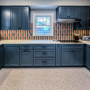 Vibrant and Colorful Kitchen with Custom Cabinetry and Calacatta Duolina Quartz