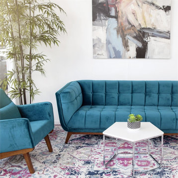 Allen Mid-Century Modern Tufted Back Living Room Velvet Sofa in Teal 78"